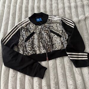 adidas Black Sequin Snake-Print Crop Bomber Jacket